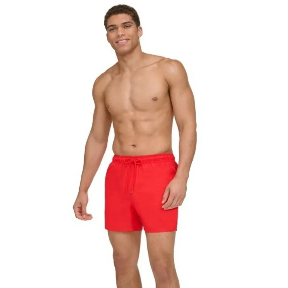 Calvin Klein Volley Swim Trunks Men's Large Red Outline Logo Drawstring FTS1042